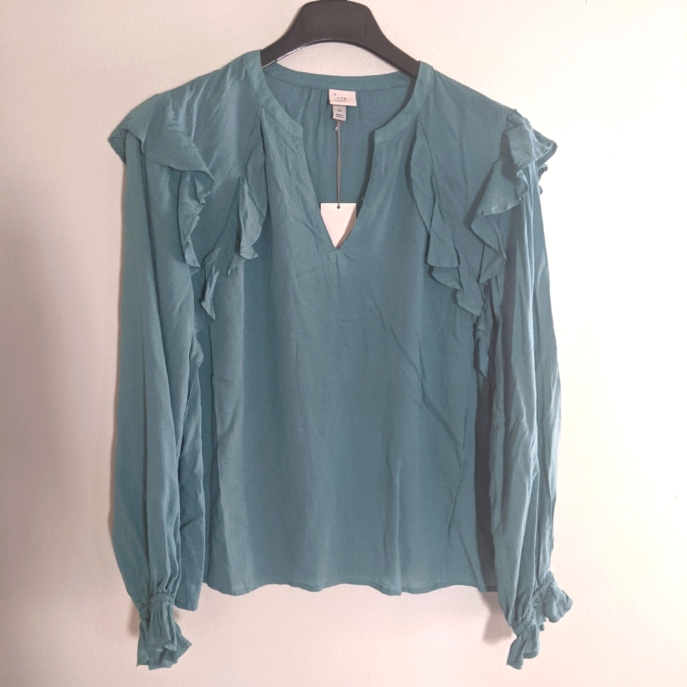A New Day Green Blue Blouse Size XL Ruffles